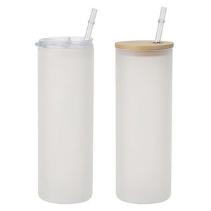 25OZ Glass Sublimation Tumbler Frosted Glass Skinny Tumbler with Bamboo/Clear Lid