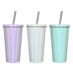 450ML Stainless Steel Rainbow Sublimation Sippy Cups Sparkle Straw Cup